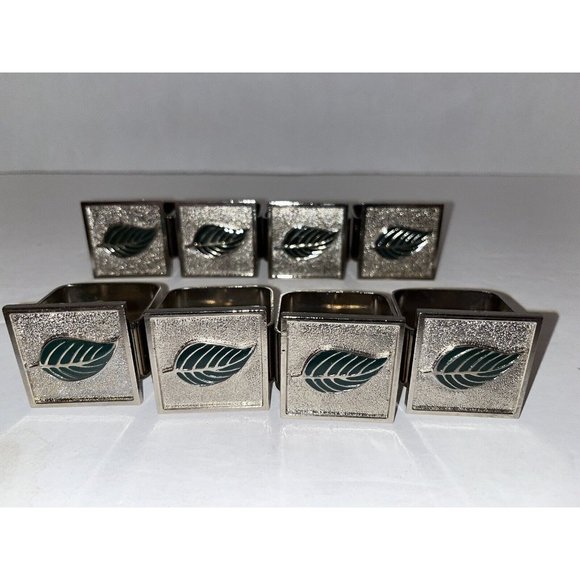 Heavy Cast Metal Leaf Napkin Rings Lot of 8 Square Green Enamel Silver Tone - Picture 1 of 7